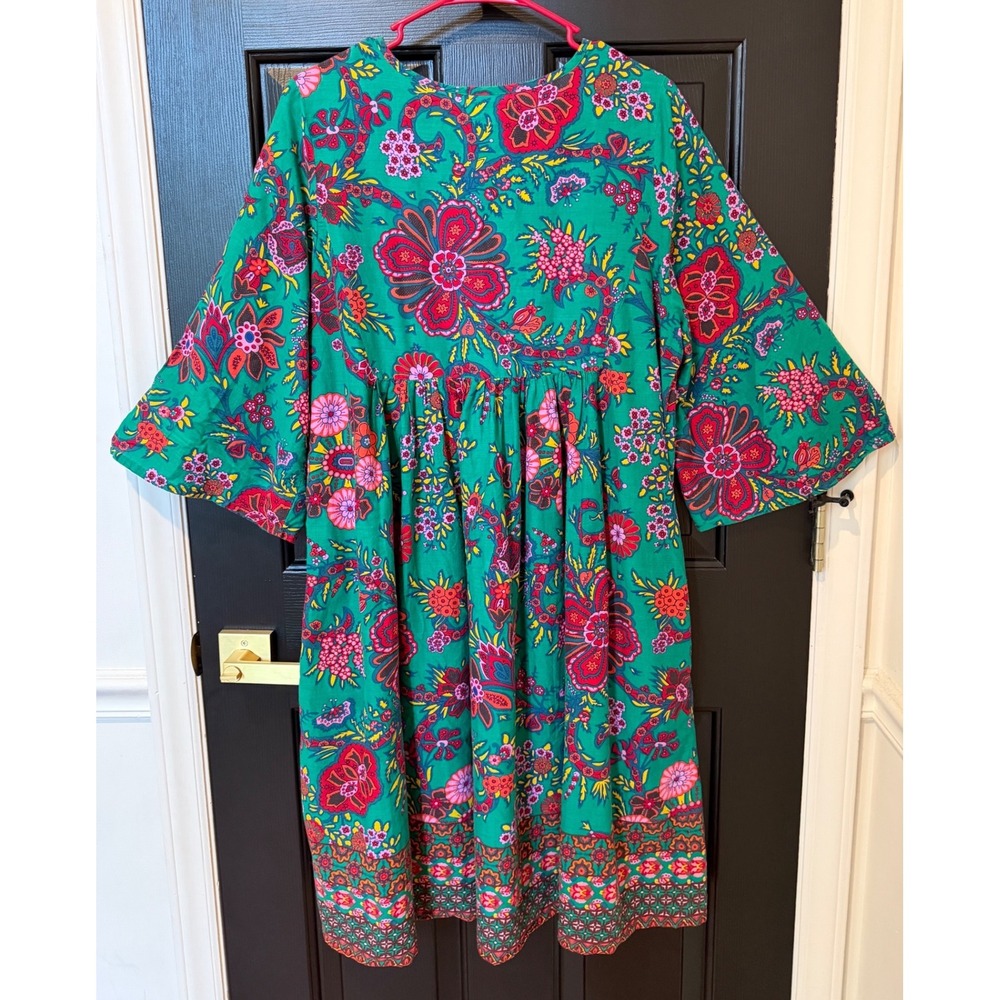 World Market Green Floral Cotton Boho Peasant Dress Tassel Bib L/XL - Picture 2 of 7
